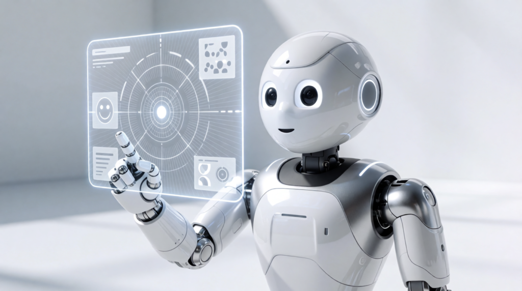 A white and silver humanoid robot with large round eyes and a smile touching a floating holographic interface with icons and a circular target