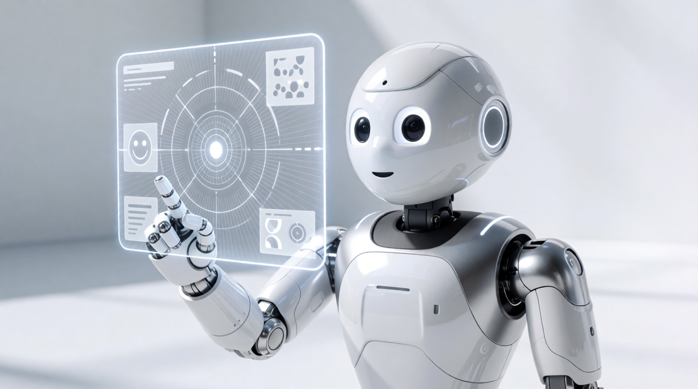 A white and silver humanoid robot with large round eyes and a smile touching a floating holographic interface with icons and a circular target