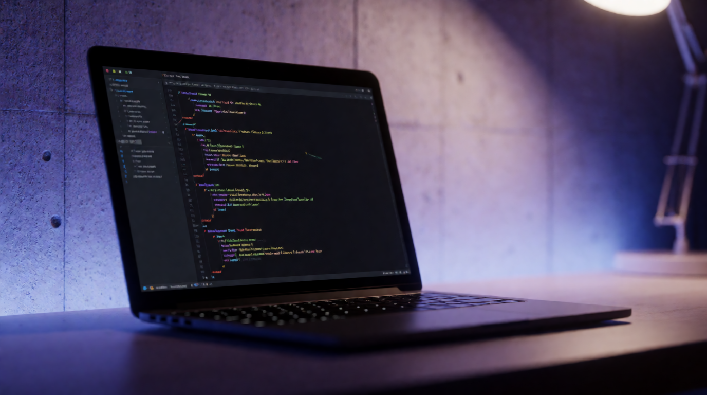 An open laptop on a desk showing a dark code editor with colourful syntax-highlighted code, lit by a desk lamp against a concrete wall in purple light