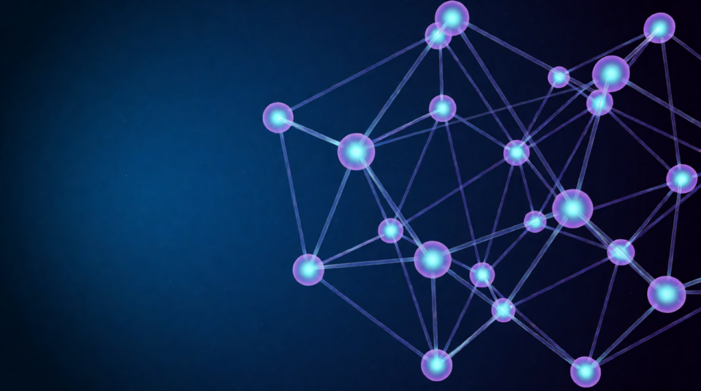 Illustration of a neural network: glowing violet and cyan nodes connected by thin lines on a dark blue background